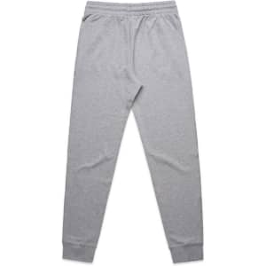 Grey track pants featuring a fitted design and an elastic waistband, with a logo on the side.