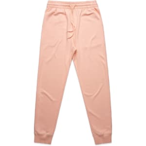 Light pink track pants with a drawstring waistband and cuffed ankles, featuring a logo on the waistband.