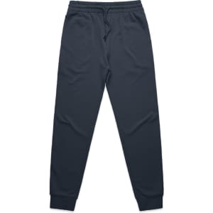 Dark grey track pants featuring an elastic waistband and fitted cuffs, with a logo on the front.
