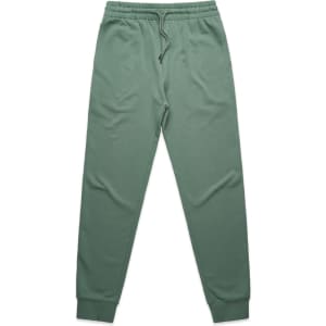 Green track pants made of soft fabric with an elastic waistband and ankle cuffs, featuring a logo.