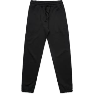 Black track pants with an elastic waistband and cuffs, featuring a drawstring and a logo.