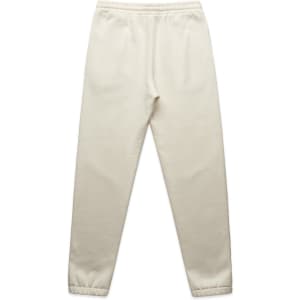 Cream track pants with a comfortable elastic waistband and tapered legs, featuring a logo.