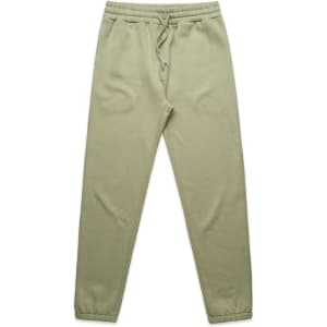 A pair of light green track pants with an elastic waistband and cuffs. The pants feature a simple, slim design.