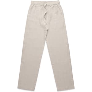 A pair of light beige linen pants with an elastic waistband and drawstring detail, featuring a simple design.