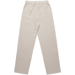 Light beige linen pants with an elastic waistband, featuring a straight leg design and no visible branding.