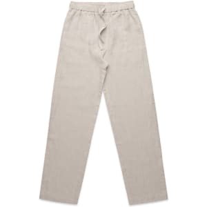 Linen pants in a light beige colour with an elastic waistband and drawstring. The pants have a relaxed fit.