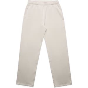 Cream-coloured cuffless track pants with a smooth finish and side pockets, featuring a minimal logo.