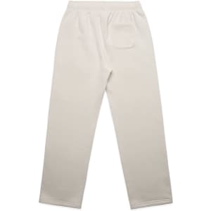 A pair of cream, cuffless track pants featuring an elastic waistband and a single back pocket.