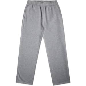 A pair of grey track pants with an elastic waistband and two side pockets, featuring a brand logo.
