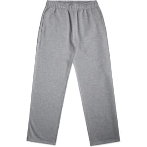 Grey cuffless track pants featuring an elastic waistband and side pockets, with a logo on the fabric.