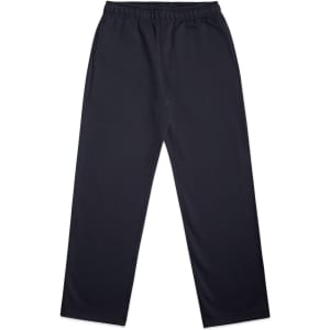 Cuffless track pants in dark navy, featuring an elastic waistband and side pockets. Includes a logo.