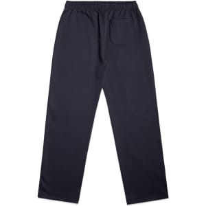 Cuffless track pants in dark navy with an elastic waistband and a back pocket, featuring a logo.