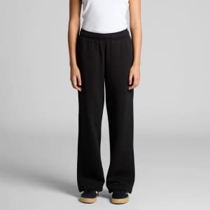 A pair of black cuffless track pants with a relaxed fit, featuring an elastic waistband.
