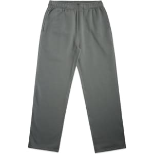 A pair of grey cuffless track pants with an elastic waistband and side pockets. Features a branding logo.