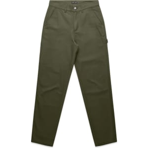 Utility pants in olive green with multiple pockets and a logo. Ideal for casual or outdoor wear.