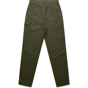 A pair of olive green utility cargo pants featuring rear and side pockets, with a simple design and a logo.