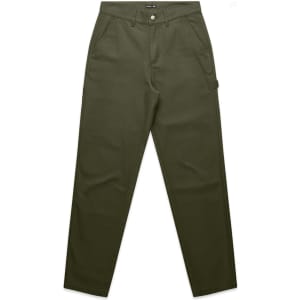 Utility pants in olive green, featuring cargo pockets and a fitted design. Includes a logo on the waistband.