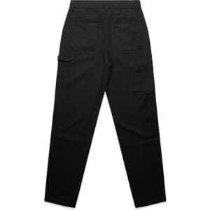 Black utility cargo pants with a straight leg and multiple pockets on the back and side. Features a logo branding.