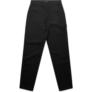 A pair of black cargo pants with a logo, featuring a straight cut and multiple pockets.
