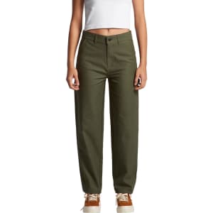 Olive-green cargo pants with a relaxed fit and multiple pockets, featuring a logo on the waistband.