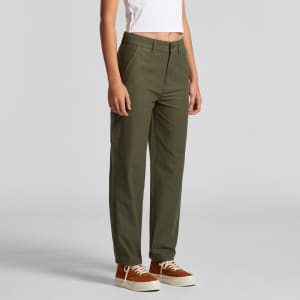 Utility cargo pants in olive green, featuring a straight leg design and pockets, paired with brown shoes.