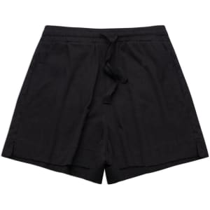 A pair of black sports shorts with an elasticated waistband and drawstring, featuring a logo.