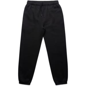 Black track pants with an elastic waistband and cuffs, featuring a logo.