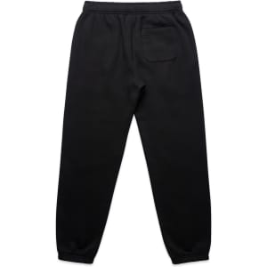 Black track pants featuring an elastic waistband and a single back pocket. Includes a logo on the waistband.