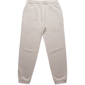 Light beige track pants with an elastic waistband and cuffed ankles, featuring a logo.