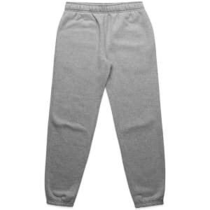 A pair of grey track pants featuring an elastic waistband and cuffs, with a logo on the waistband.