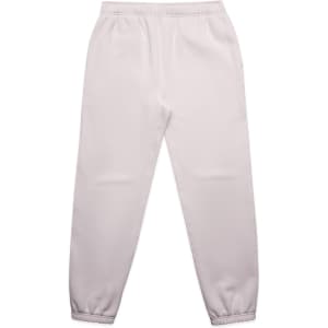 A pair of light grey track pants with an elastic waistband and cuffs, featuring a small logo.