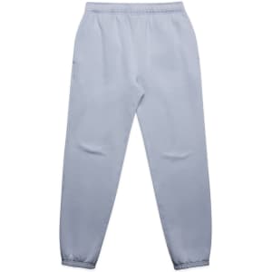 Light blue track pants featuring an elastic waistband and cuffed ankles, with a logo on one of the pockets.