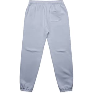 Light blue track pants featuring an elastic waistband and a pocket on the back. The design includes a logo.