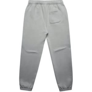 A pair of light grey track pants featuring an elastic waistband and a back pocket.