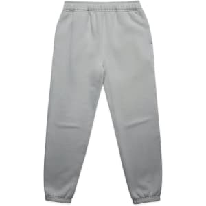 Light grey track pants with an elastic waistband and tapered legs, featuring side pockets and a logo.