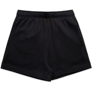 Black track shorts with an elastic waistband and a simple design. The shorts have a branding logo on them.