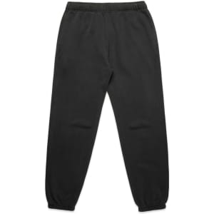 Faded black track pants with an elastic waistband and cuffs, featuring side pockets and a logo.