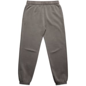Faded track pants in a muted grey colour with an elastic waistband and cuffs, featuring side pockets and a branding logo.