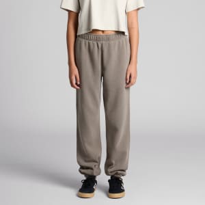 Faded olive track pants with an elastic waistband and cuffs, featuring a logo detail.