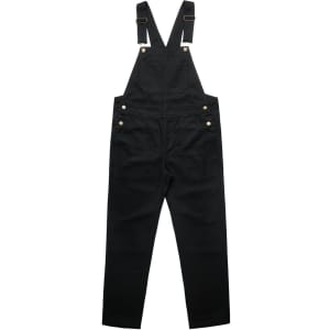 Black canvas overalls with adjustable straps and gold-tone buttons. Features multiple pockets for utility.