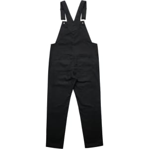 Black canvas overalls with adjustable straps and multiple pockets. Features a logo on the back.