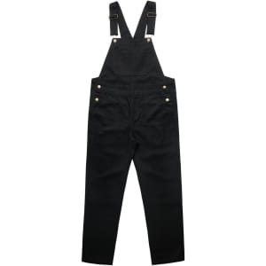 Black canvas overalls with adjustable straps and front pocket, featuring brass hardware.