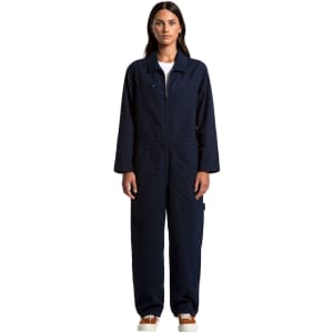 A navy blue canvas overall with long sleeves and a front zipper, featuring pockets and a branded logo.