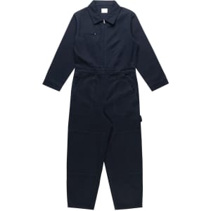 A navy blue canvas coverall with long sleeves, a zip front, and pockets. It has a logo on it.