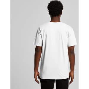 A white T-shirt featuring a straight cut and short sleeves, with a logo on the back.