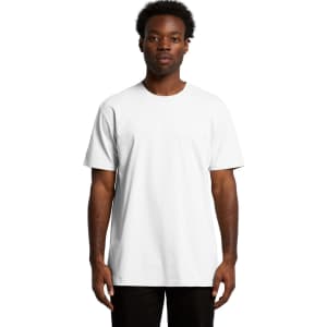 A white T-shirt with short sleeves, featuring a plain design and a logo on the front.
