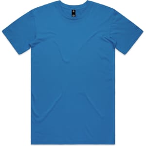 A blue T-shirt with short sleeves and a round neckline, featuring a logo on the tag.