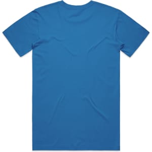 A blue T-shirt with short sleeves and a plain back, featuring a logo.