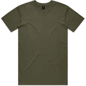 An olive green T-shirt with a classic crew neckline and short sleeves. The shirt features a logo.