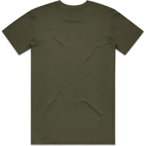 An olive green t-shirt with a plain back and short sleeves, featuring a logo.